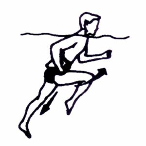 Dargestellt ist eine schwarz-weiß Zeichnung eines männlichen Sportlers im Wasser. Er führt die Aquajogging Übung Kniehebelauf aus.
