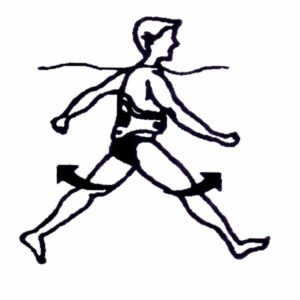 Dargestellt ist eine schwarz-weiß Zeichnung eines männlichen Sportlers im Wasser. Er führt die Aquajogging Übung Robo-Jogg aus.