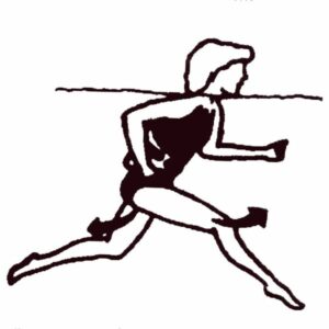 Dargestellt ist eine schwarz-weiß Zeichnung einer weiblichen Sportlerin im Wasser. Sie führt die Aquajogging Übung Schreitlauf aus.
