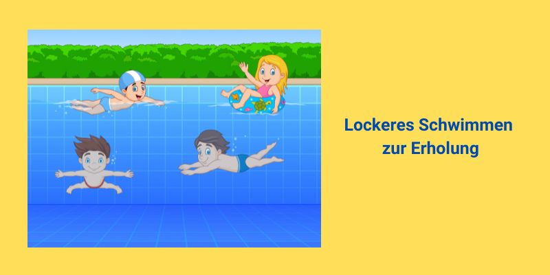 Vor gelben Hintergrund ist eine Graphik mit vier jugendlich wirkenden Figuren zu sehen, die schwimmen, tauchen bzw. in einem bunten Wasserkissen in einem Freiluft-Pool aktiv sind. Neben dem Bild steht in blauer Schrift: "Lockeres Schwimmen zur Erholung"