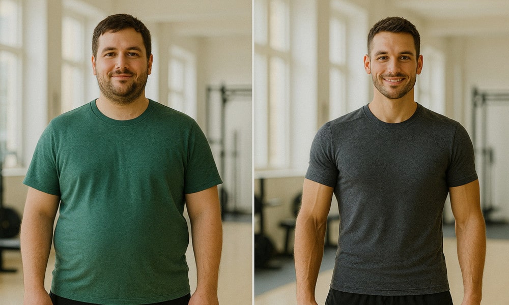 Erst abnehmen, dann Muskeln aufbauen - Vorher-Nachher-Bild eines jungen Mannes