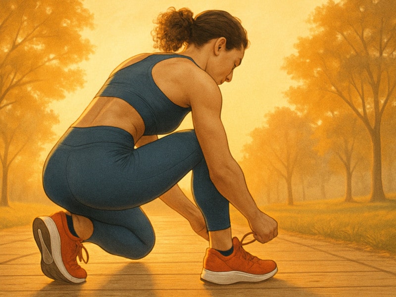 Frau bindet sich bei Sonnenaufgang die Schuhe, weil sie gleich zu ihrem Morgenlauf starten will.