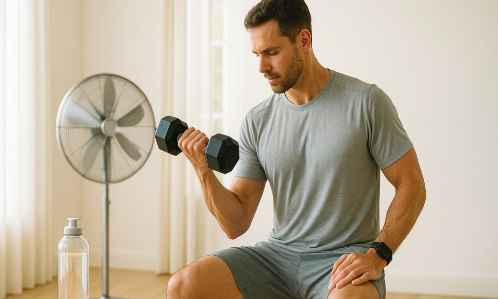 Ein Mann macht Sport bei Hitze - sitzt mit einer Hantel vor einem Ventilator und neben einer großen Flasche Wasser